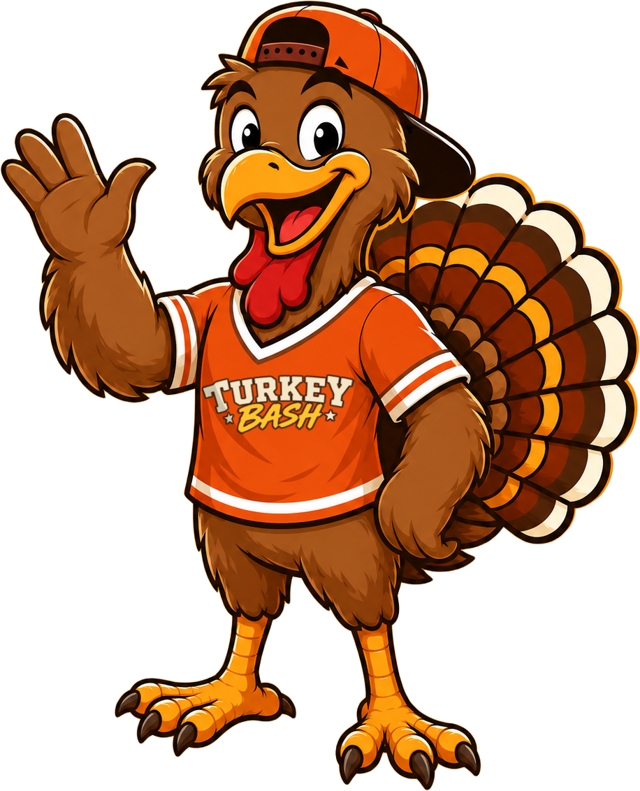 Jake, the Turkey Bash mascot, waving hello in his branded shirt